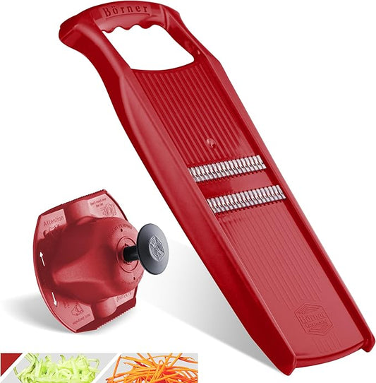 Börner Roko PowerLine Vegetable Slicer Set (2-piece) • Fine Julienne Cutter for Fruit and Vegetables + Safety Guard • Julienne Slicer • Mandoline Slicer Set • Kitchen Slicer (Red)