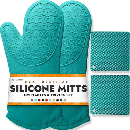BPA-Free Soft Silicone 4 Piece Oven Mitts & Trivets Set - Ultra Heat Resistant Oven Mitts with Thick Cotton Liner - Long Slip Resistant Pot Holders, Flexible Oven Gloves - Aqua