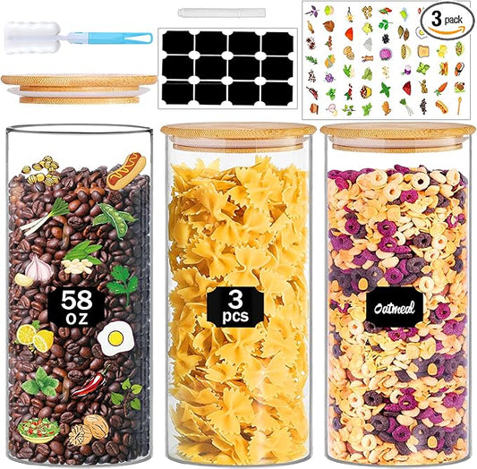 BGraceyy Glass Jars with Bamboo Lids, 58 oz 3 Pcs Kitchen Glass Containers with Bamboo Lids, Airtight Glass Pantry Storage Containers with Lids for Rice, Flour, Nuts, Cookie, Pasta, Oatmeal, Bean