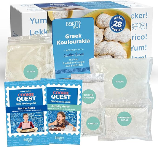 BāKIT Box Greek Koulourakia Cookie Kit, Kids Baking Gift with Printed Recipe & Activity Guide, Make Greek Twist Cookies + Learn Words & Symbols