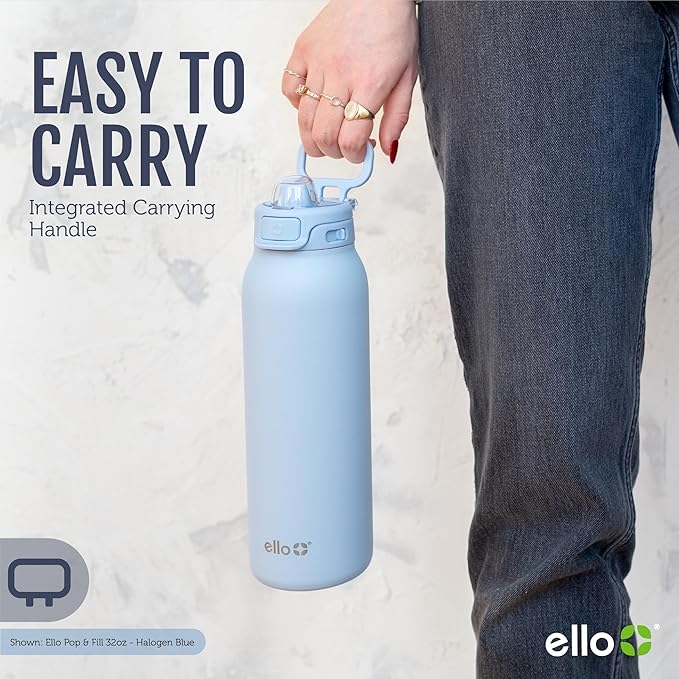 Ello Pop & Fill 22oz Stainless Steel Water Bottle with Quick Fill Technology, Double Walled and Vacuum Insulated Metal, Leak Proof Locking Lid, Sip and Chug, Reusable, BPA Free, Forest Mist