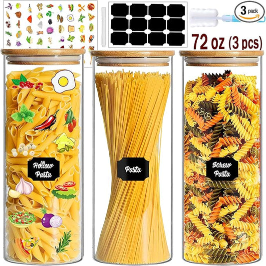 BGraceyy Glass Jars with Bamboo Lids, 72oz 3Pcs Kitchen Glass Containers with Bamboo Lids, Airtight Glass Pantry Storage Containers with Lids for Spaghetti, Pasta, Rice, Nuts, Flour, Bean, Dry Foods