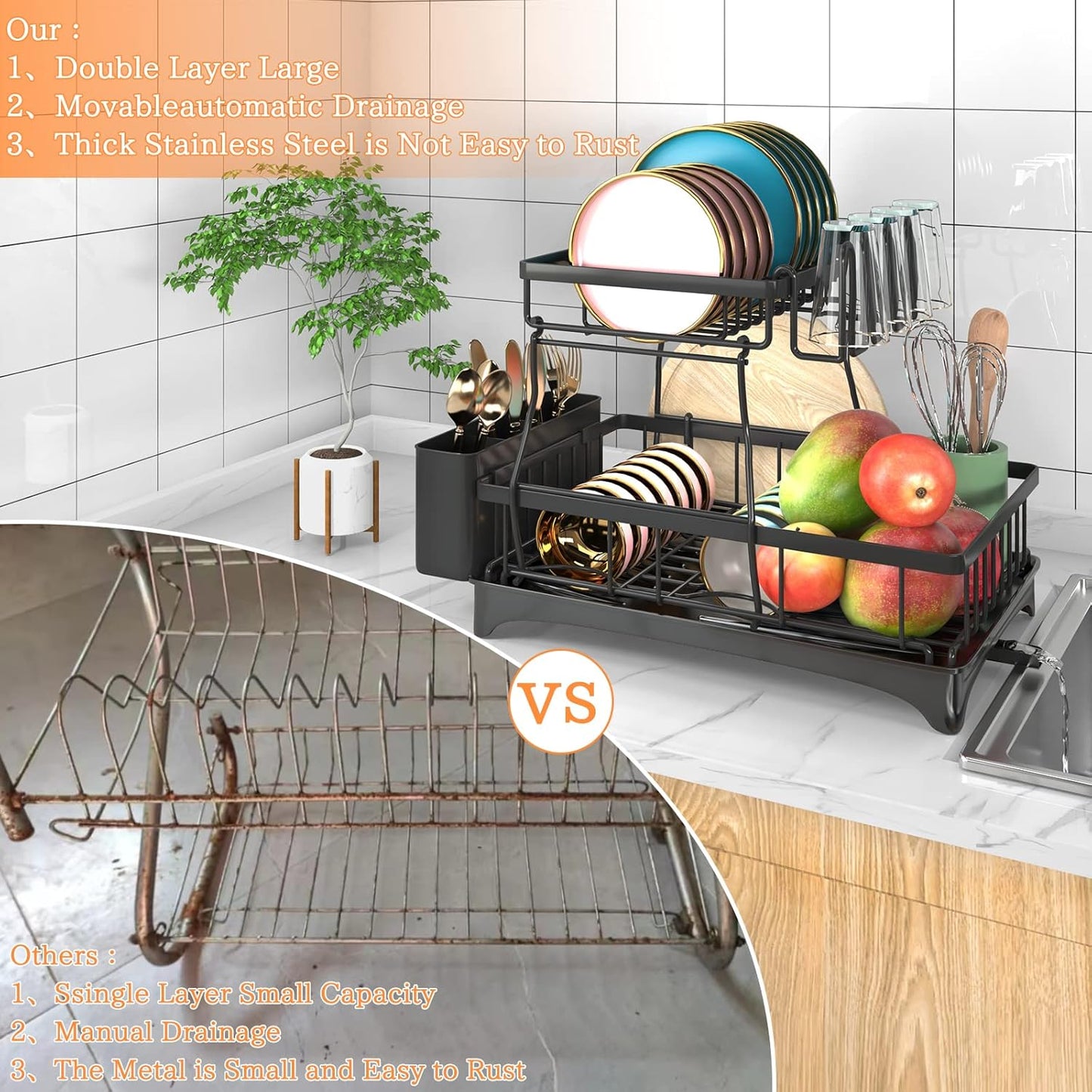 Godboat Dish Drying Rack, 2-Tier Dish Rack with Auto-Drain & Mat, Dish Racks for Kitchen Counter, Dish Drainer with Knife, Fork & Cup Rack, Gifts for Women, Mothers Day, Cool Stuff & Kitchen Gadgets