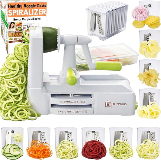 Brieftons 10-Blade Vegetable Spiralizer: Strongest-Heaviest Duty Spiral Slicer, Best Veggie Pasta Spaghetti Maker for Low Carb/Paleo/Gluten-Free, With Container, Lid, Blade Caddy, 4 Recipe Ebooks