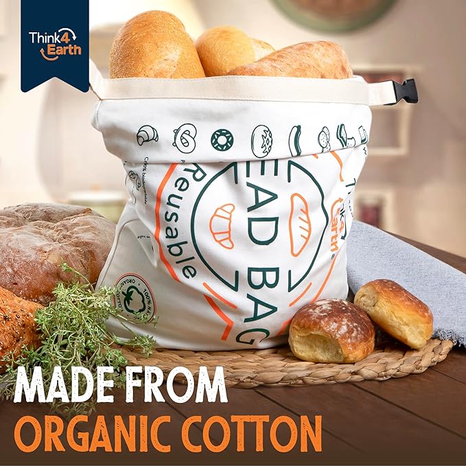Think4Earth® - Reusable Organic Cotton Bread Bag for Homemade Loaves Large | Premium Quality Storage Bags - Unique Cotton Bags for Sourdough, Safe and Eco-Friendly (2 Units)