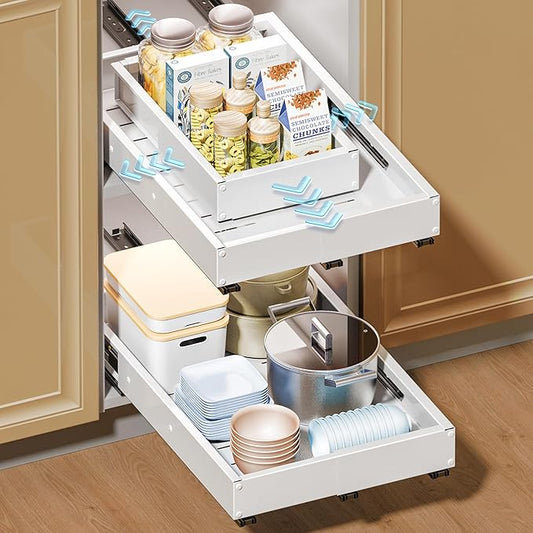 Pull Out Cabinet Organizer, 2 Pack Slide Out Drawer Expandable Width (10"-16") and Depth (17"-25") With 3 Slides, Fixed with Adhesive Film or Nail for Cabinets in Kitchen, Pantry or Bathroom