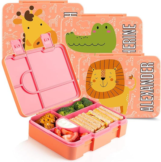 Personalized Bento Box for Kids with Safari Icon and Name - Salmon - 5 Compartments Drop-Proof Bento Box, Dishwasher Safe, Made with BPA-Free Materials, Bento Lunch Box for Kids and Toddlers