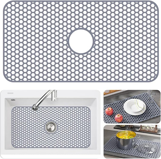 Bestjing Silicone Sink Protectors for Kitchen Sink with Center Drain - 29.7"x 15.5" Kitchen Protector Accessory, Non-Slip Heat Resistan Mat for Bottom of Farmhouse Stainless Steel Porcelain (Gray)