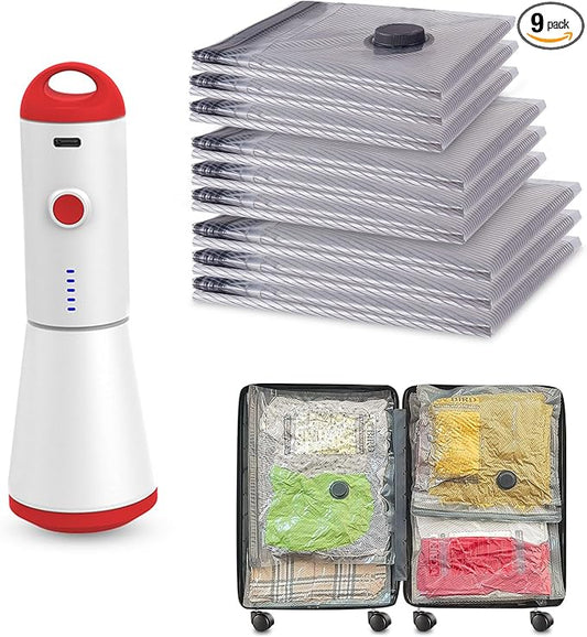 Travel Vacuum Storage Bags with Rechargeable USB Pump, 9 Pack Carry-On Size Compression Packing Bags for Luggage and Suitcase, Space Saver for Clothes and Clothing Travel