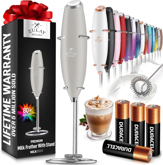 Zulay Kitchen Powerful Milk Frother Wand With 4 AA Duracell Batteries - Ultra Fast Handheld Drink Mixer - Electric Whisk Foam Maker for Coffee, Lattes, Cappuccino, Matcha & Creamer -