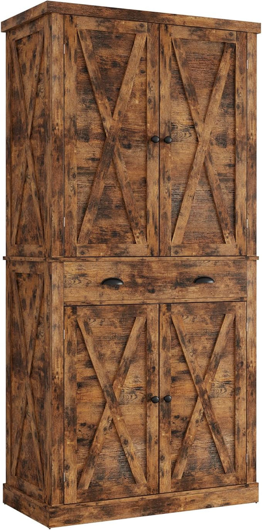 IRONCK Kitchen Pantry Storage Cabinet 72.6" H, with Barn Doors, Drawer, 4 Adjustable Shelves, Freestanding Cupboard for Dining Room Living Room, Laundry, Vintage Brown