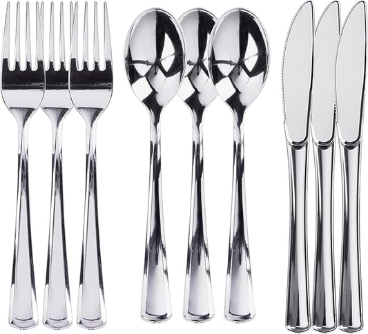 Prestee 600 Plastic Silverware Set, Silver Plastic Utensils, Disposable Flatware Set with Forks 200, Spoons, Knives, Heavy-Duty Bulk Silverwares for Christmas Parties and Events