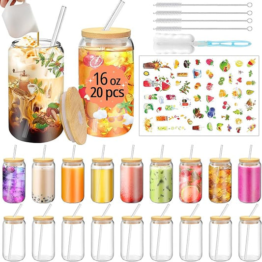 PeacePeo 16 OZ Glass Cups with Lids and Straws, 20 Set Can Beer Glass Cups with Bamboo Lids Cute and Reusable Drinking Glasses with Lid Ice Coffee Glasses Great for Beer, Cocktail, Tea and Latte