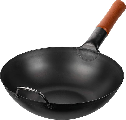 YOSUKATA 11.8" Carbon Steel Wok Pan – Pre-Seasoned Flat Bottom Pow Wok for Stir Fry, BBQ, Grill & Camping – Traditional Japanese Chinese Cookware – Compatible with Induction, Electric, Gas, Open Fire