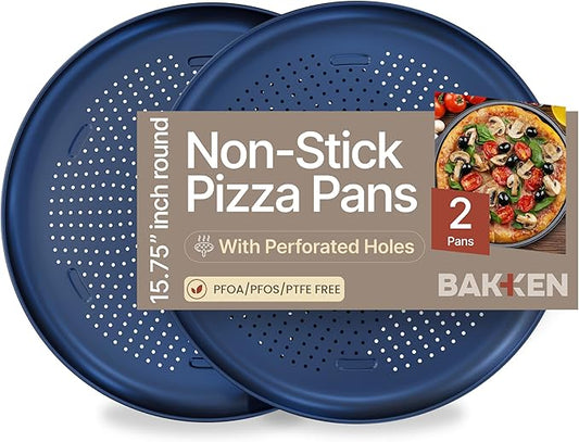 Bakken 16 Inch Non-Stick Pizza Pan 2 Pack, Round Carbon Steel Pizza Tray with Perforated Holes, PFOA, PFOS, & PTFE-Free, Dishwasher & Oven Safe Up To 450°F, Durable Nonstick Coating, Blue