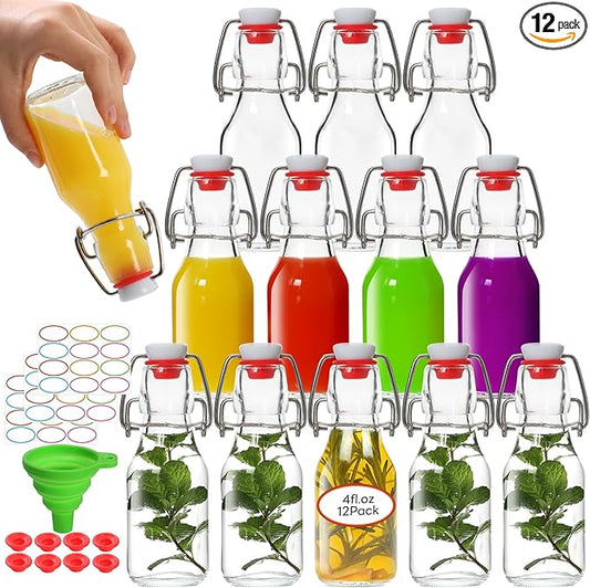 AuroTrends Swing Top Glass Bottles 4 oz 12Pack, Flip Top Glass Bottles with Airtight Flip Lids for Vanilla Extract Bottles/Home Brewing/Beverages/Oil (4 fl. oz, Set of 12)
