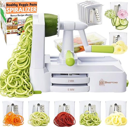 Brieftons 7-Blade Vegetable Spiralizer: Strongest-Heaviest Spiral Slicer, Best Veggie Pasta Spaghetti Maker for Low Carb/Paleo/Gluten-Free Meals, With Container, Lid, Blade Caddy & 4 Recipe Ebooks