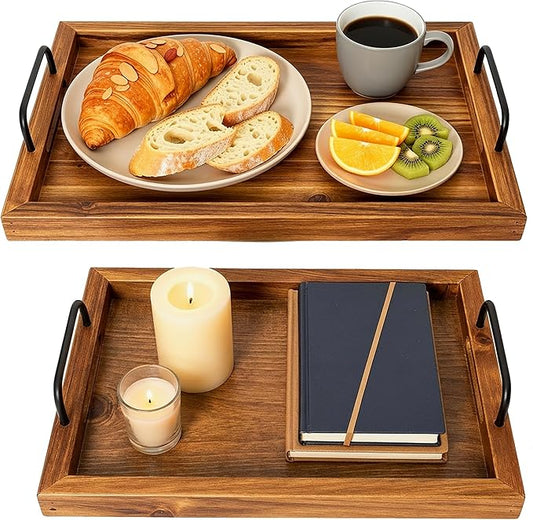 Besti Rustic Vintage Food Serving Trays (Set of 2) | Nesting Wooden Board with Metal Handles | Stylish Farmhouse Decor Serving Platters | Large: 15 x2 x11” - Small: 13 x2 x9” (Rustic Light Brown)