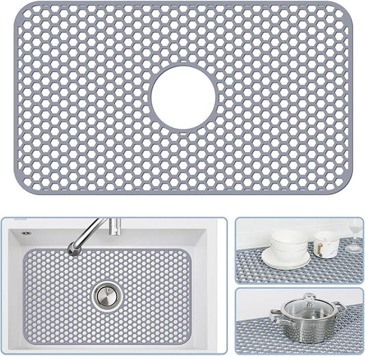 Bestjing Silicone Sink Mat - 24.8''x13'' Sink Protector for Kitchen Sink with Center Drain - Kitchen Grid Accessory, Non-slip Heat Resistant Mat for Bottom of Farmhouse Stainless Steel (Center Hole)