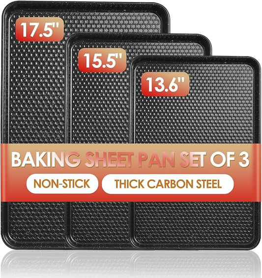Baking Sheet Pan Set of 3, Nonstick Carbon Steel Cookie Sheets with Texture, Commercial Half/Quarter/Jelly Roll Pans Replacement Toaster Oven Tray, Heavy Duty & Easy Clean, Black