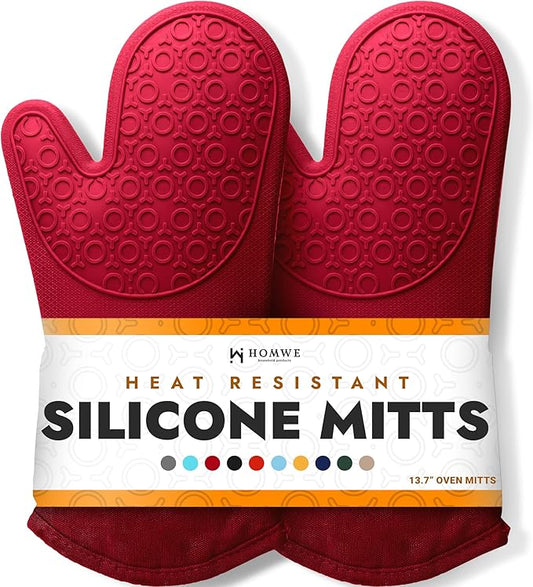 BPA-Free Silicone Oven Mitts Ultra Heat Resistant up to 500°F - Oven Mitts with Thick Cotton Liner - Long Slip Resistant Pot Holders, Flexible Oven Gloves - Empire Red 13.7