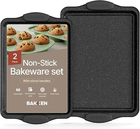 BAKKEN Kitchen Baking Pans - Medium (15.15 × 10.03") and Large (17.1 x 11.8") Nonstick Sheets, Carbon Steel Cookie Sheets with Gray Silicone Handles, PFOA, PFOS, PTFE Free, Oven Safe (450°F), Set of 2
