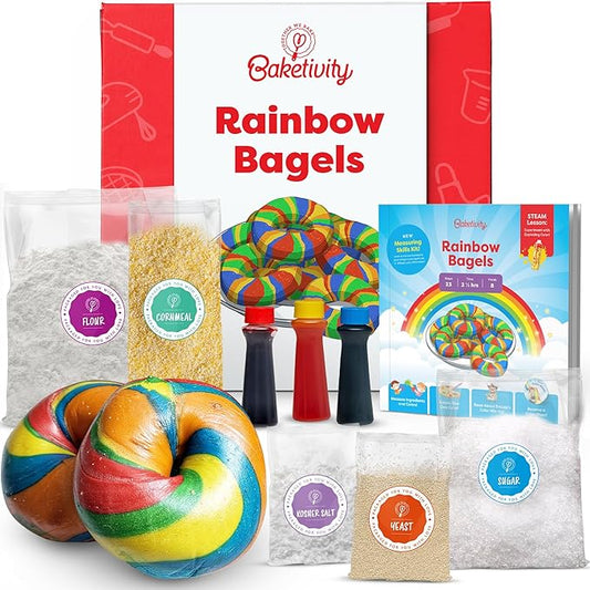 Baketivity Rainbow Bagel Kids Baking Kit - Baking Kits for Kids with Premeasured Ingredients, Step-By-Step Instructions, Video Guide, and STEM Lessons - Cooking for Ages 6-12+