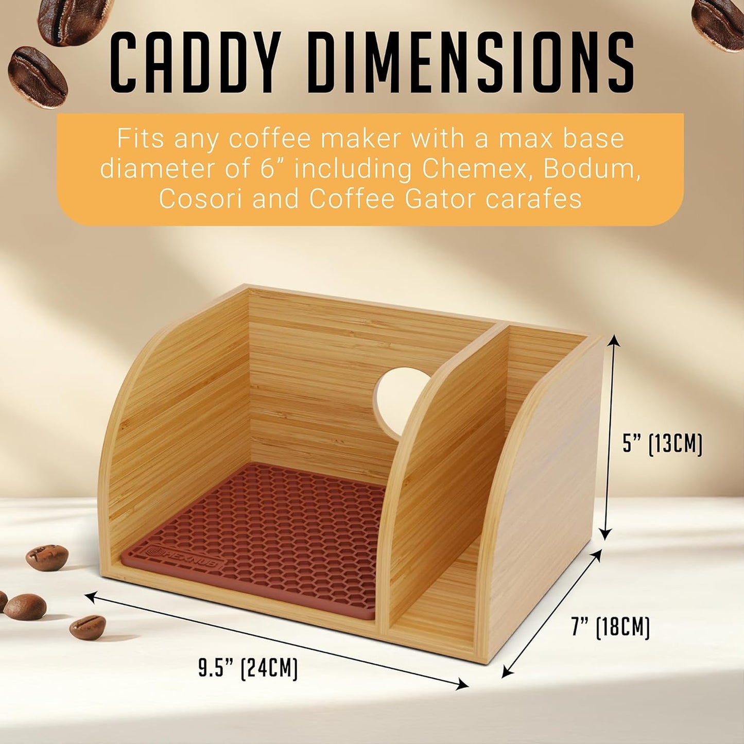 HEXNUB Bamboo Caddy for Pour Over Coffee Maker, Fits Chemex, Bodum, Cosori, Heatproof Mat, Filter Holder