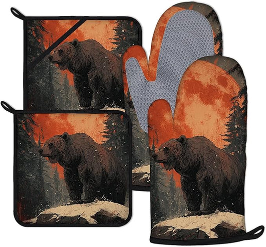 Bear Forest Oven Mitts and Pot Holders Sets 4Pcs Silicone Non-Slip Mitts Heat Resistant Gloves Hot Pads for Kitchen Cooking Baking Grilling BBQ
