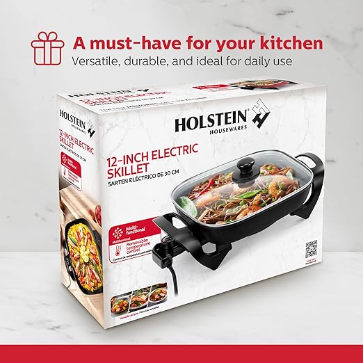Holstein Housewares 12-Inch Electric Skillet - 1400W Electric Pan with Adjustable Temperature Control, PFOA-Free Non-Stick Coating, Cool-Touch Handles, Multi-Function Cooker, Black