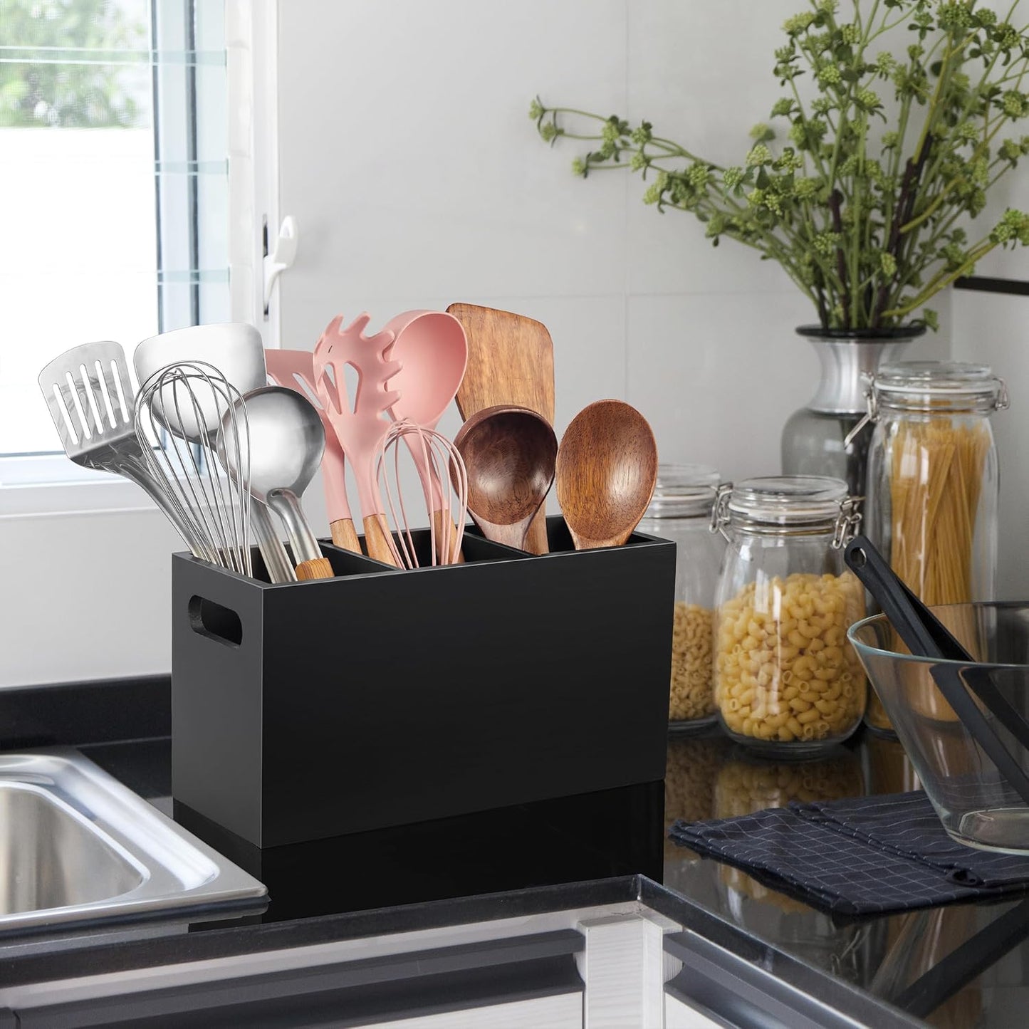 ALELION Black Kitchen Utensil Holder for Countertop - Wooden Large Utensil Caddy Organizer for Counter - 3 Compartment Cooking Utensil Crock for Silverware Spoon Spatula
