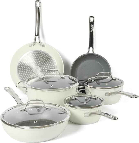 Sur La Table Kitchen Essentials 10 Piece PFA Free Non-Toxic Titanium Ceramic Nonstick Interior Forged Aluminum Cookware Pots and Pans Set - Linen White - Induction Compatible