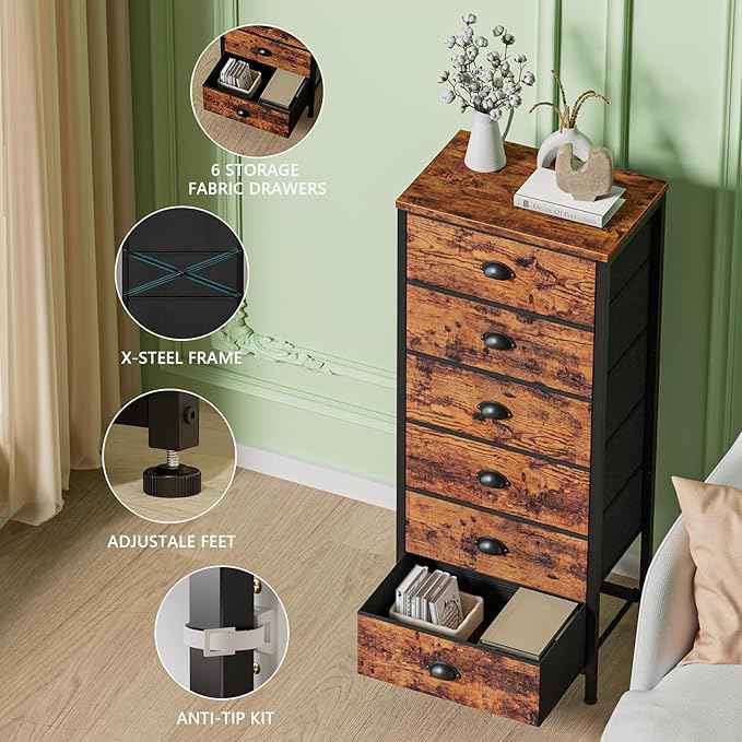 Furnulem Tall Dresser with 6 Drawers,Vertical End Table and Nightstand for Bedroom,Industrial Dorm Bedside Furniture with Fabric Storage Drawer Organizer in Living Room,Closet,Entryway(Rustic Brown)