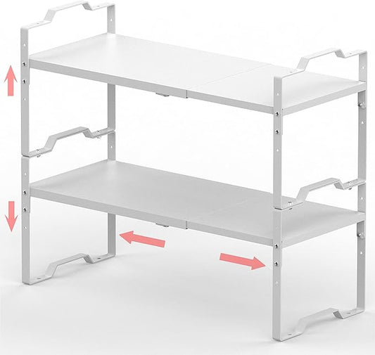 Expandable Shelf for Cabinet Organizer Adjustable Stackable Spice Rack at Kitchen and Bathroom More, Counter Countertop Cupboard Organization Pantry Storage(LARGE/2PACKS/WHITE)