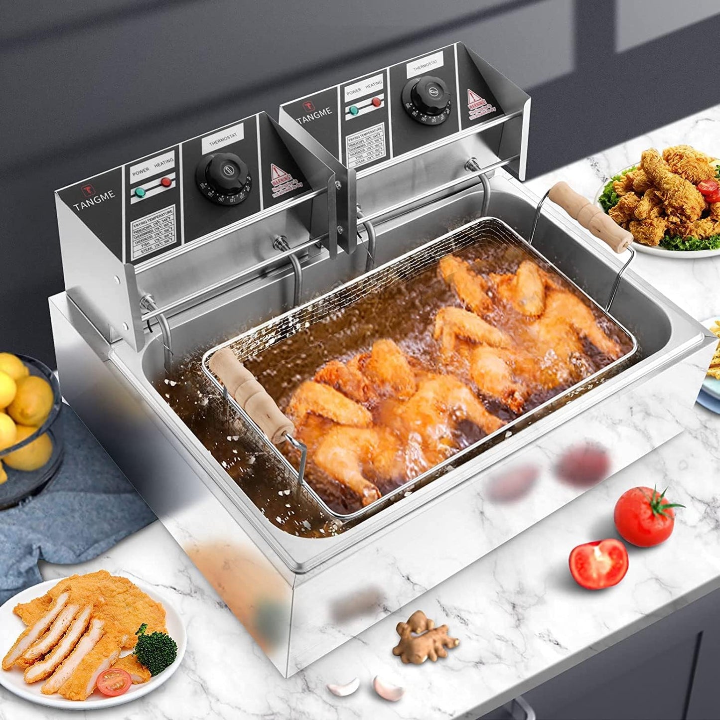 TANGME Commercial Deep Fryer, 3400w Electric Countertop Fryer with 3 Baskets, 22L/23.25Qt 1mm Thickened Stainless Steel Oil Fryer with Temperature Limiter for Restaurant, UL Certified