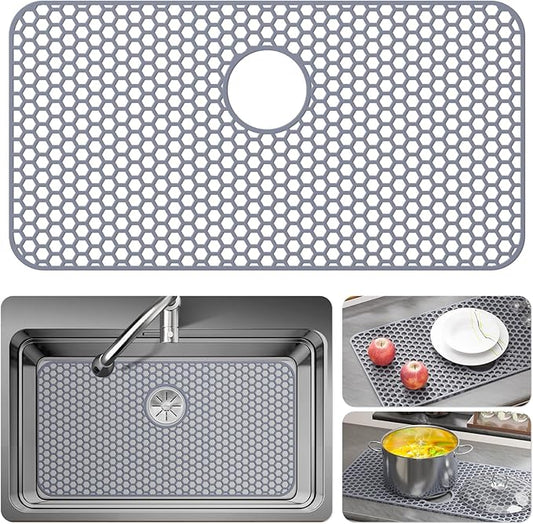 Bestjing Silicone Sink Protectors for Kitchen Sink with Rear Drain - 29.7"x 15.5" Kitchen Protector Accessory, Non-Slip Heat Resistan Mat for Bottom of Farmhouse Stainless Steel Porcelain