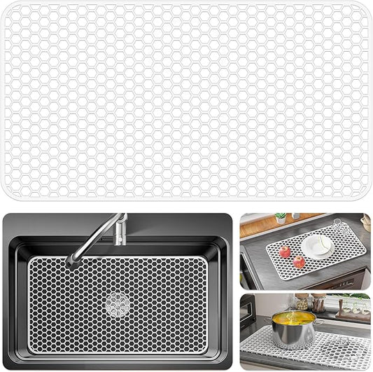 Bestjing Silicone Sink Protectors for Kitchen Sink - 26"x 14" Kitchen Protector Accessory, Non-Slip Heat Resistan Mat for Bottom of Farmhouse Stainless Steel Porcelain, Dishwasher Safe (White)
