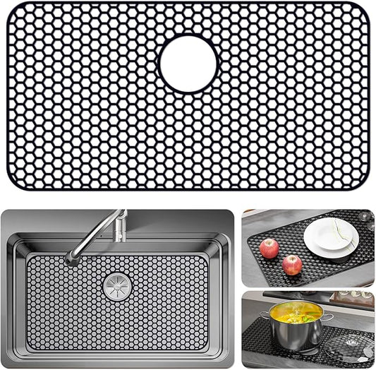 Bestjing Silicone Sink Protectors for Kitchen Sink with Rear Drain - 29.7"x 15.5" Kitchen Protector Accessory, Non-Slip Heat Resistan Mat for Bottom of Farmhouse Stainless Steel Porcelain (Black)