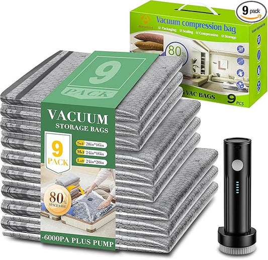 Vacuum Seal Bags for Clothing with Wireless Electric Pump - Travel & Home Use, 9 Pack Ideal Space Saver Vacuum Storage Bags, Travel Vacuum Bags for Luggage