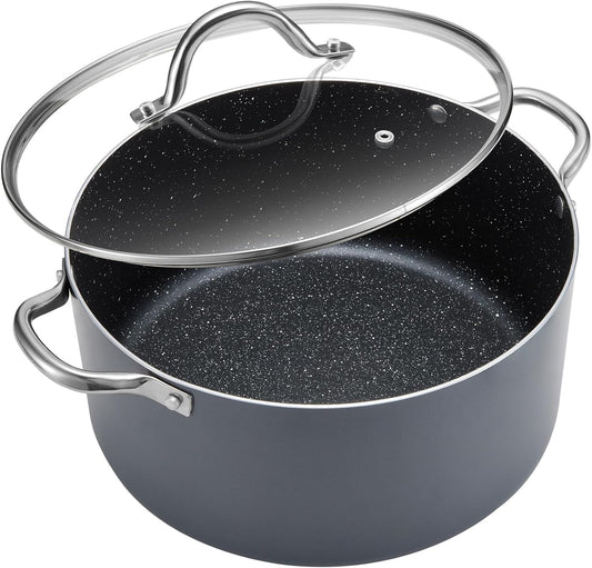 BEZIA 10 Quart Cooking Pot, Large Non Stick Induction Stock Pot with Lid, All Stove Compatible, 10 QT Aluminum Soup/Stew Pot For Large-batch Cooking, Grey