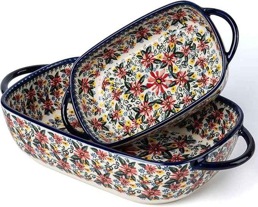 Baking Dish Ceramic Baking Pan Blue Casserole Dish Rectangular Baking Set 2pcs Bakeware Sets Single Serving Size Lasagna Pan Baking Dishes for oven (Exotic Daisy)