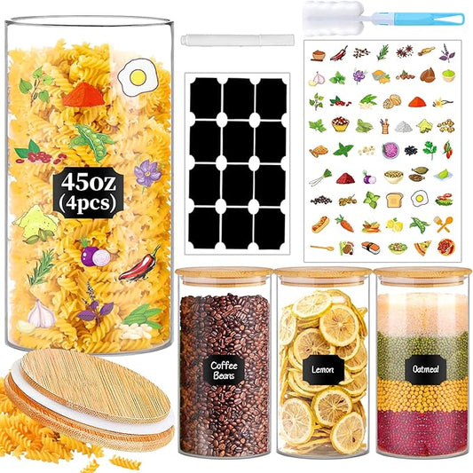 BGraceyy Glass Storage Jars 45 oz 4 Pcs Clear Glass Food Storage Containers with Airtight Bamboo Lid Stackable Kitchen Canisters for Candy, Cookie, Rice, Sugar, Flour, Pasta, Nuts