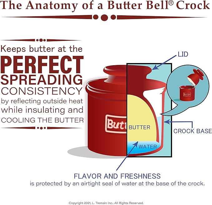 Butter Bell - The Original Butter Bell crock by L Tremain, a Countertop French Ceramic Butter Dish Keeper for Spreadable Butter, Le Bistro, White with Blue Trim