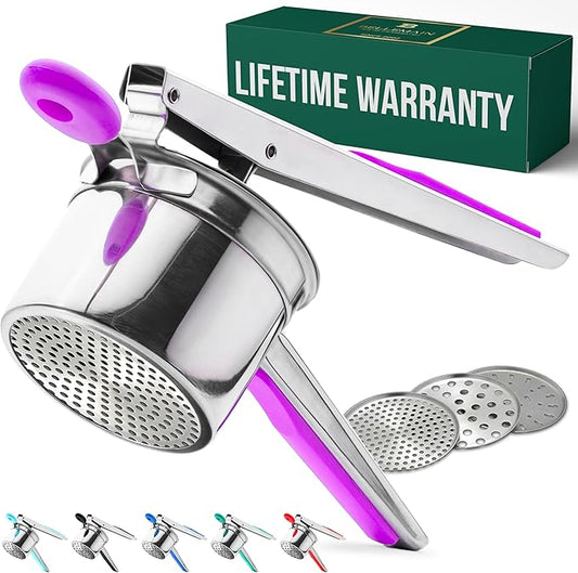 Bellemain Heavy-Duty Stainless Steel Potato Ricer & Masher | 15 oz, Perfect for Mashed Potatoes | Kitchen Tool with 3 Interchangeable Discs (Purple)
