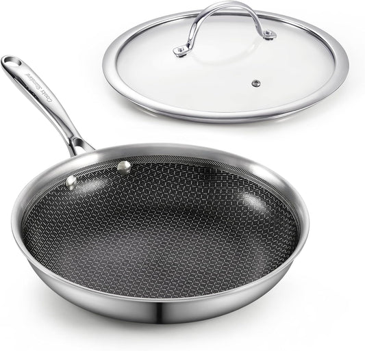 Cooks Standard Hybrid Nonstick Frying Pan, 8-Inch Skillet, Multi-Ply Clad Stainless Steel Fry Pan with Tempered Glass Lids, Oven Safe, Compatible with All Stovetops