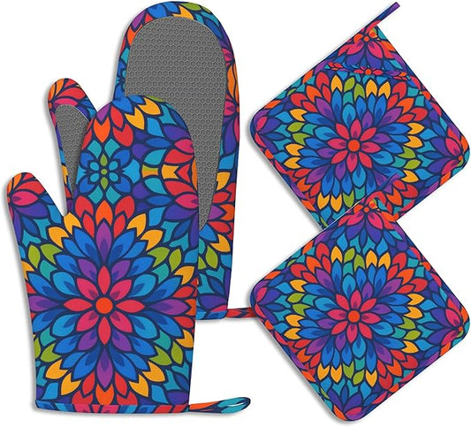 Boho Mandala Floral Potholders & Oven Mitts Sets Colourful Abstract Silicone Heat Resistant Oven Mits and Hot Pads Non-Slip Pot Holders Gloves for Kitchen Chef Cooking Baking Grilling BBQ