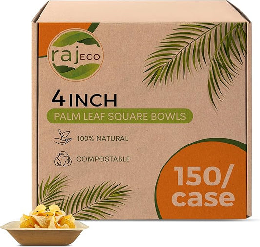 Raj Palm Leaf Bulk Bowls [25-Pack] 4" Square Bowls (6 CASES - 150 PACK) like Bamboo bowls Disposable, Strong, Decorative Compostable Tableware for weddings, Camping, Outdoor