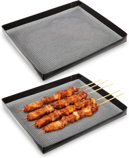 Professional-Grade 2-Pack PTFE Mesh Oven Baskets, 11.5x13.5x1 Inch Non-Stick Solid Oven Trays for Commercial Kitchens & High-Volume Cooking