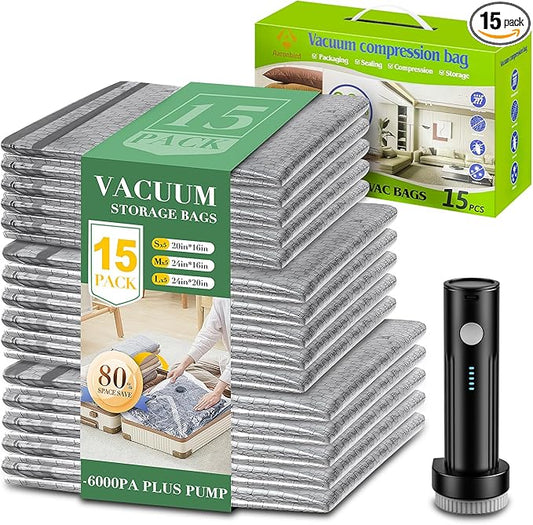 Vacuum Seal Bags for Clothing with Wireless Electric Pump - Travel & Home Use, 15 Pack Ideal Space Saver Vacuum Storage Bags, Travel Vacuum Bags for Luggage