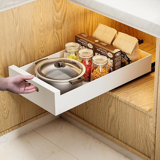 HBL' 1 Pack | 21" Deep Pull Out Cabinet Organizer Adhesive, 10-Inch Wide Sturdy Carbon Steel Roll-Out Drawers for Face Frame or Frameless Cabinets,Slide-Out Shelves for Pantry.